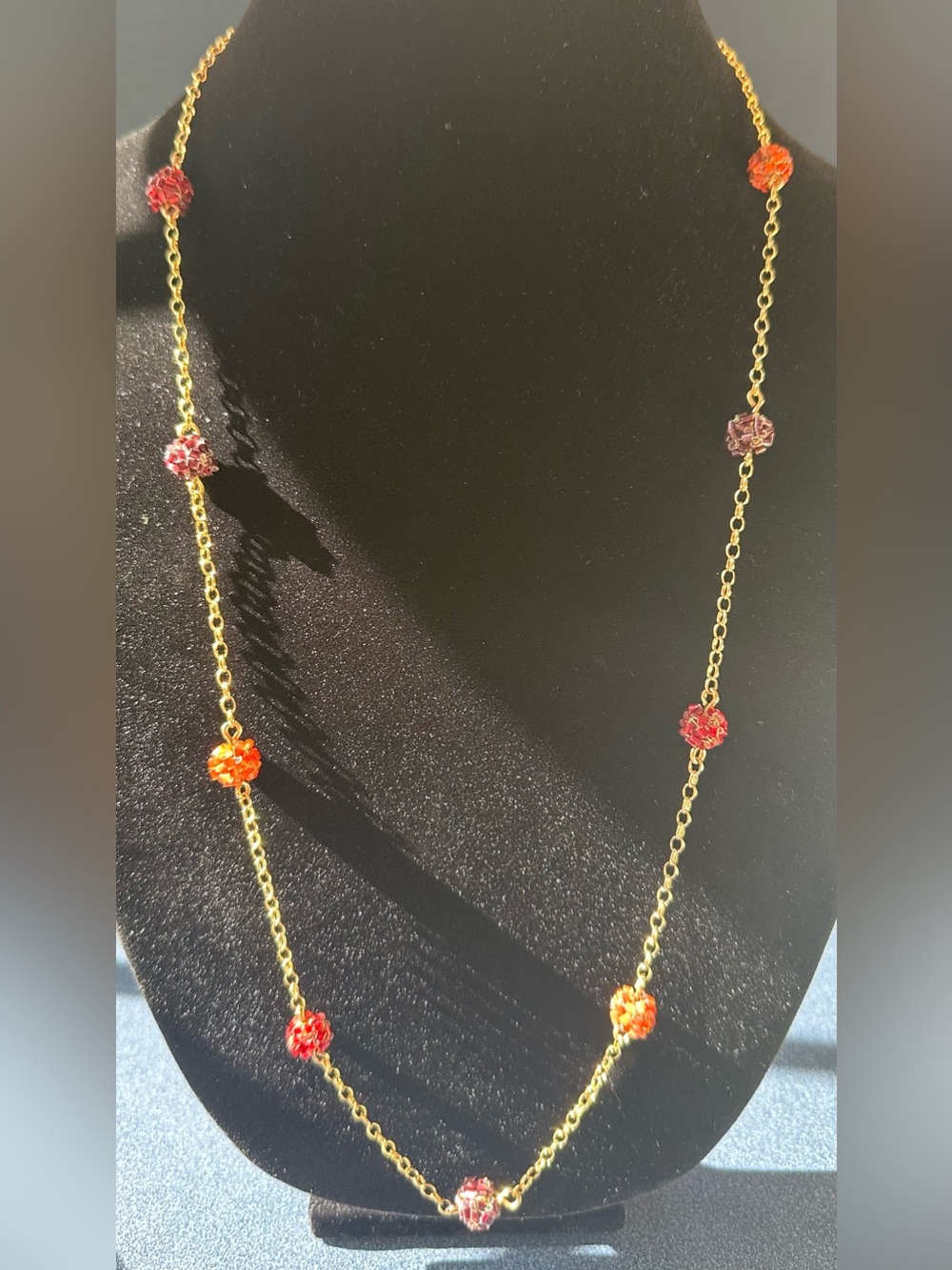 TALBOTS Gold Paperclip Long Chain with Red Purple Orange Bead Accents Necklace